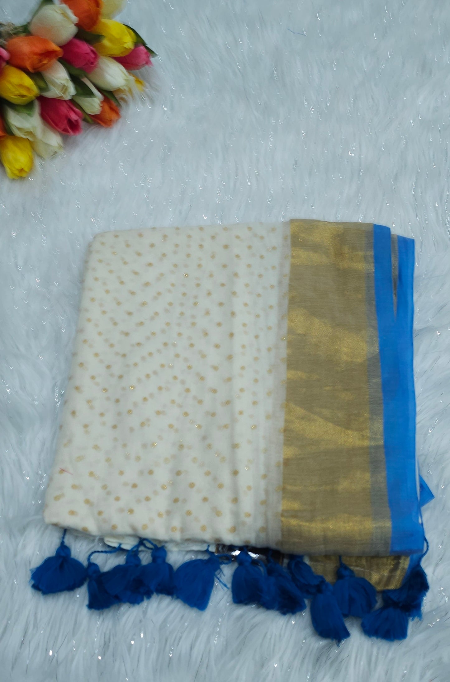 Mul cotton gold glitter saree with beautiful tassels