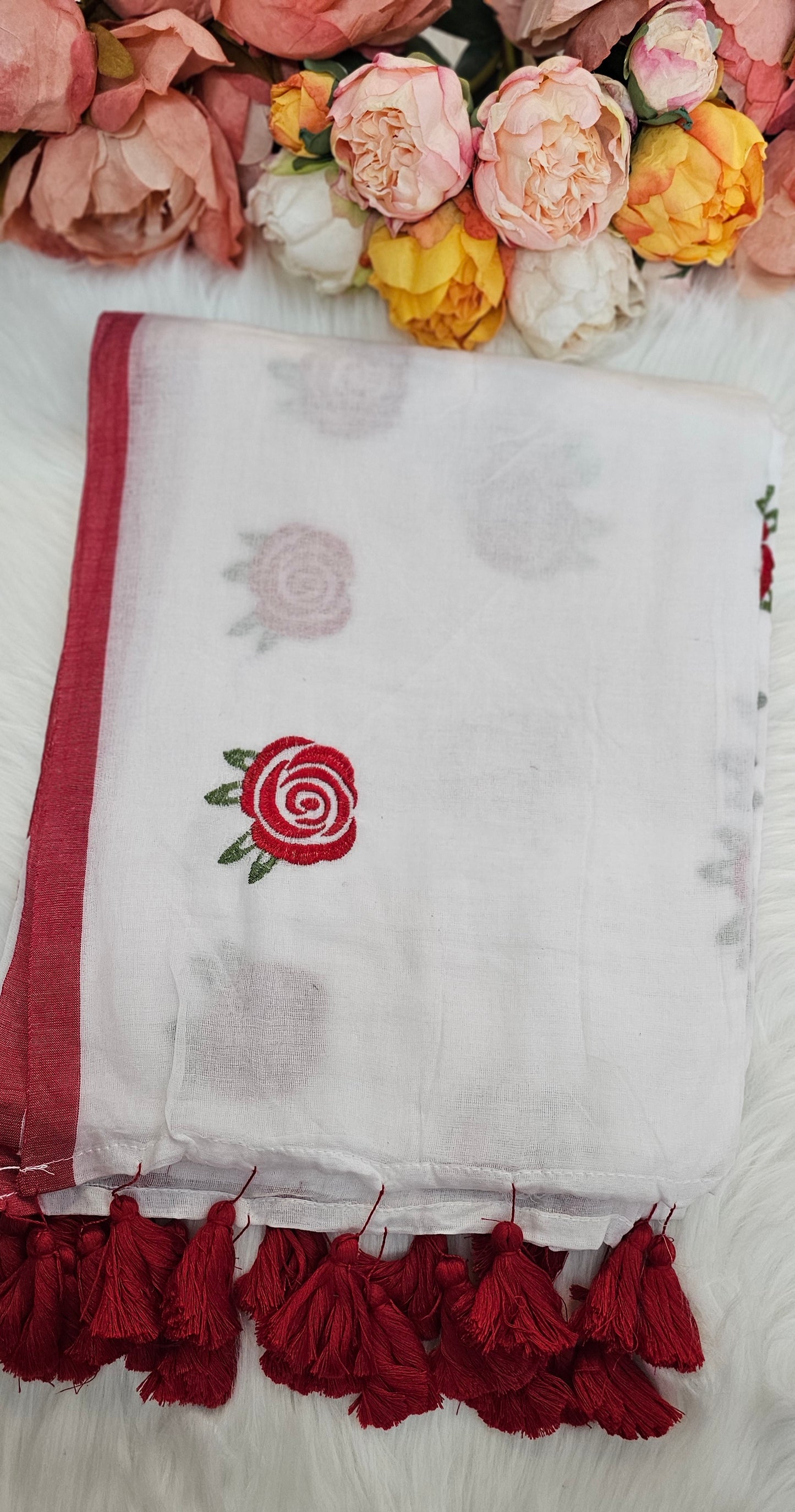 Rose embroidered  mul cotton saree