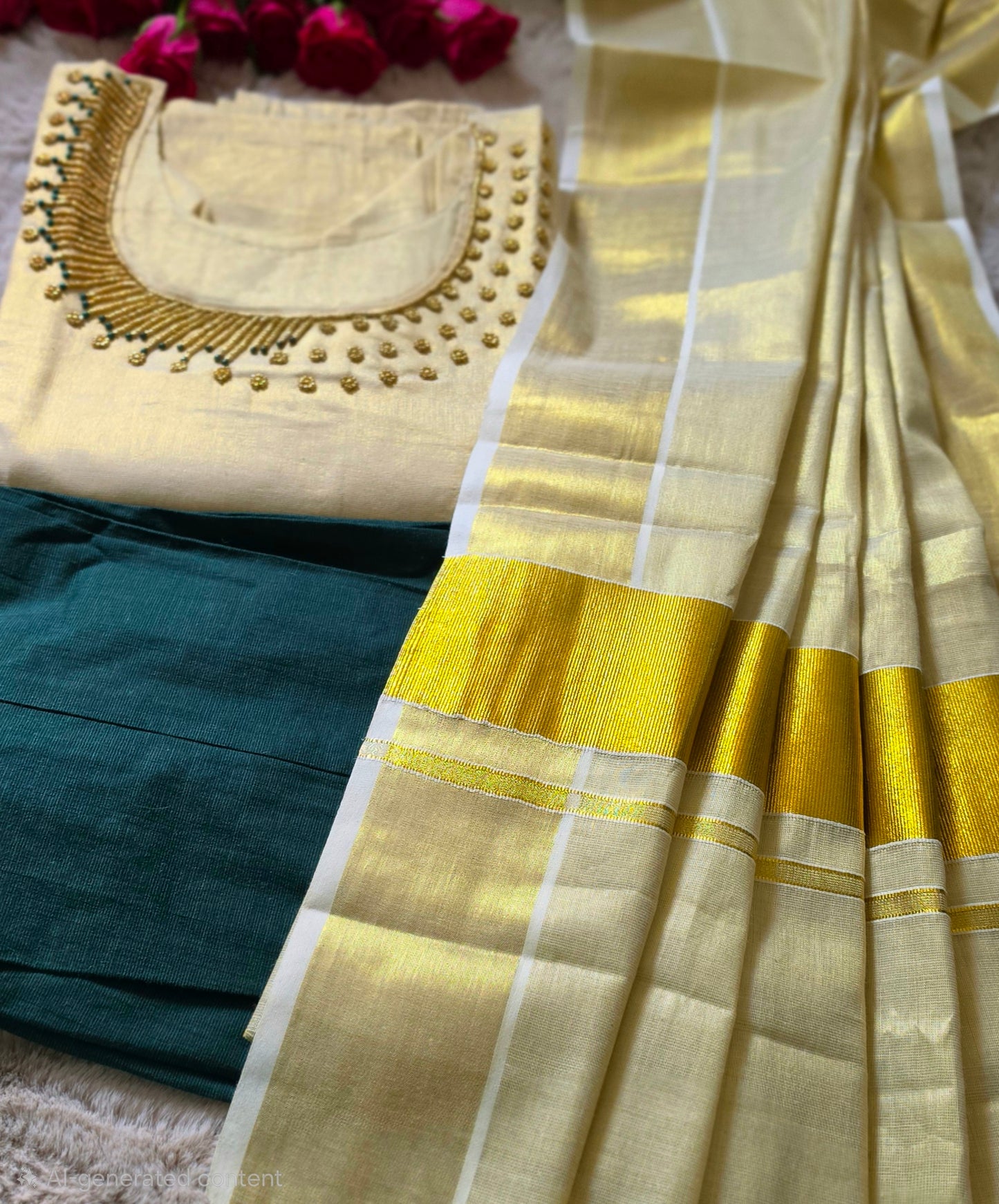 Onam ready to wear hand worked  three piece kurti set (bottle green)