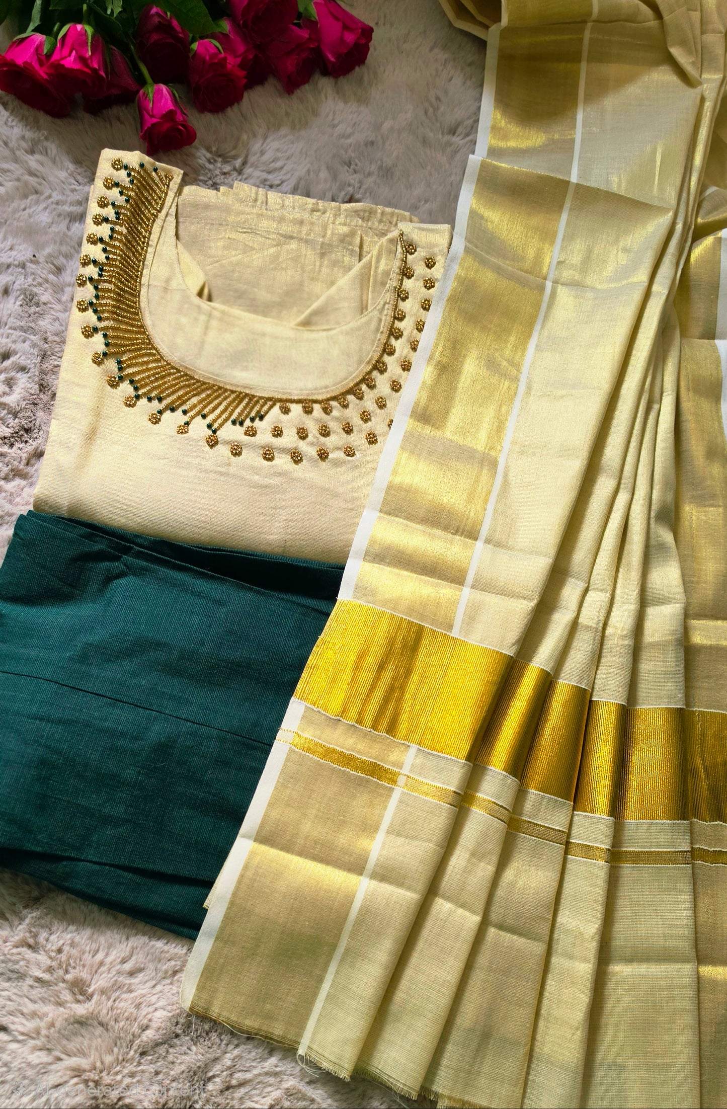 Onam ready to wear hand worked  three piece kurti set (bottle green)