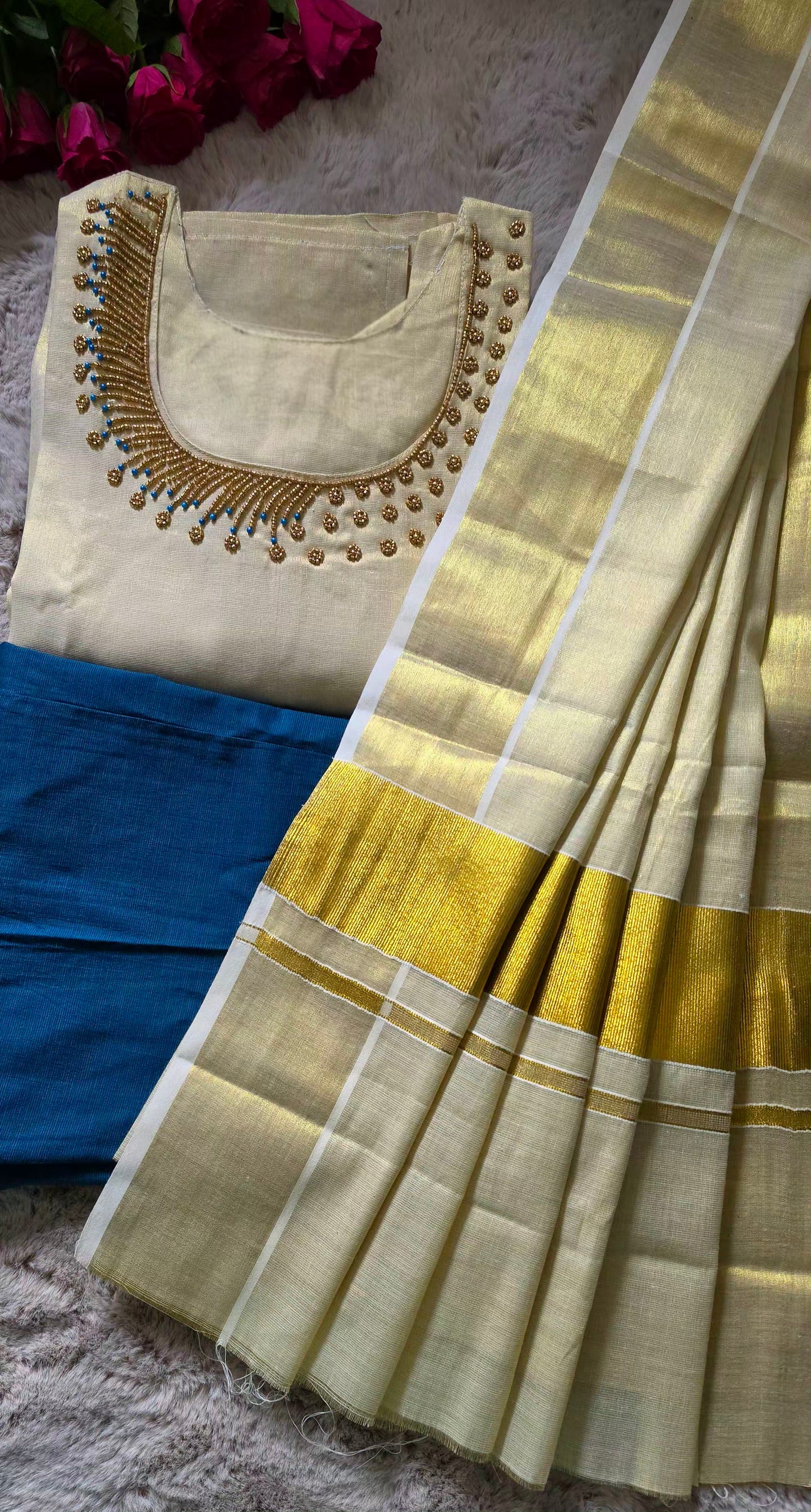 Onam ready to wear hand worked  three piece kurti set ( blue)