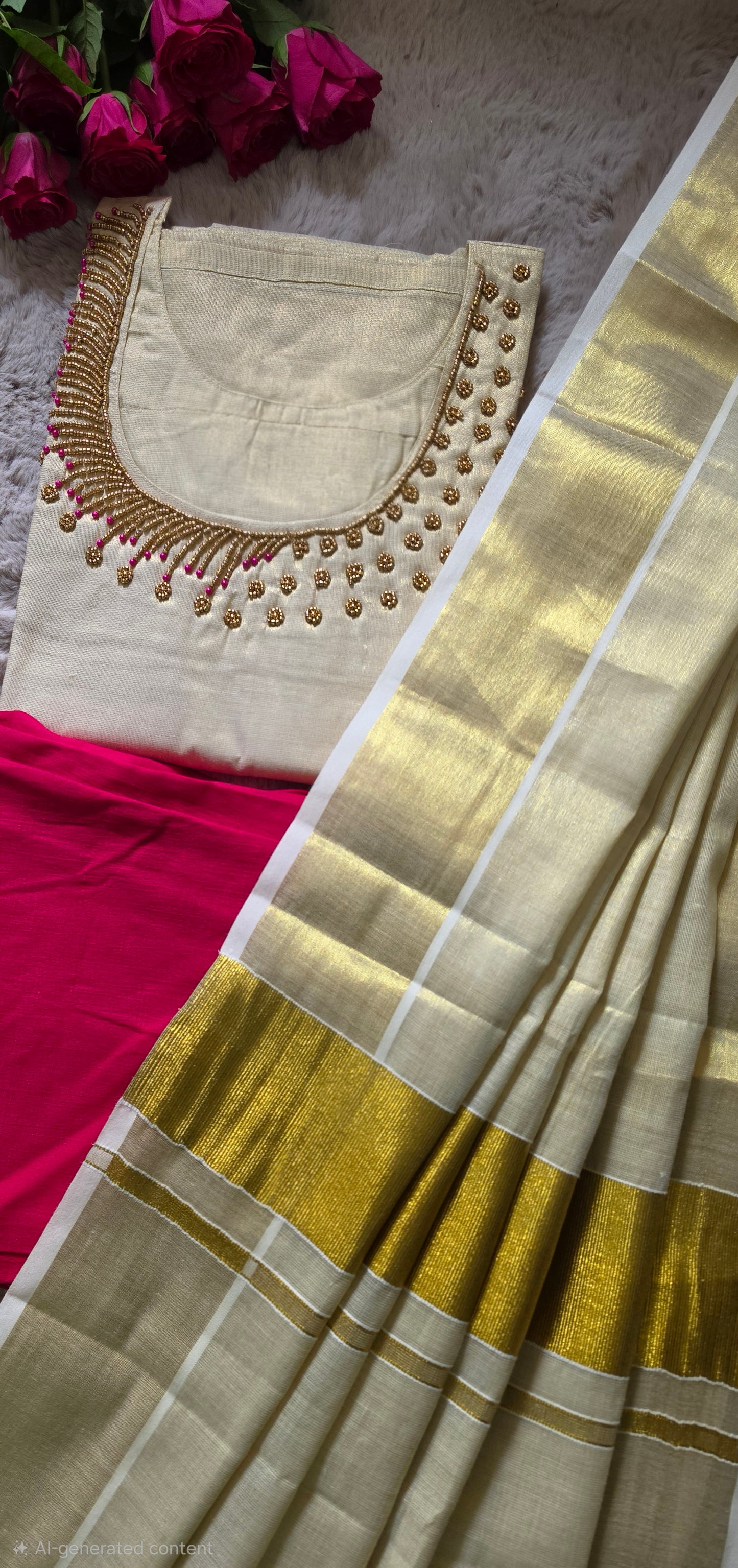 Onam ready to wear hand worked  three piece kurti set ( Rani pink)