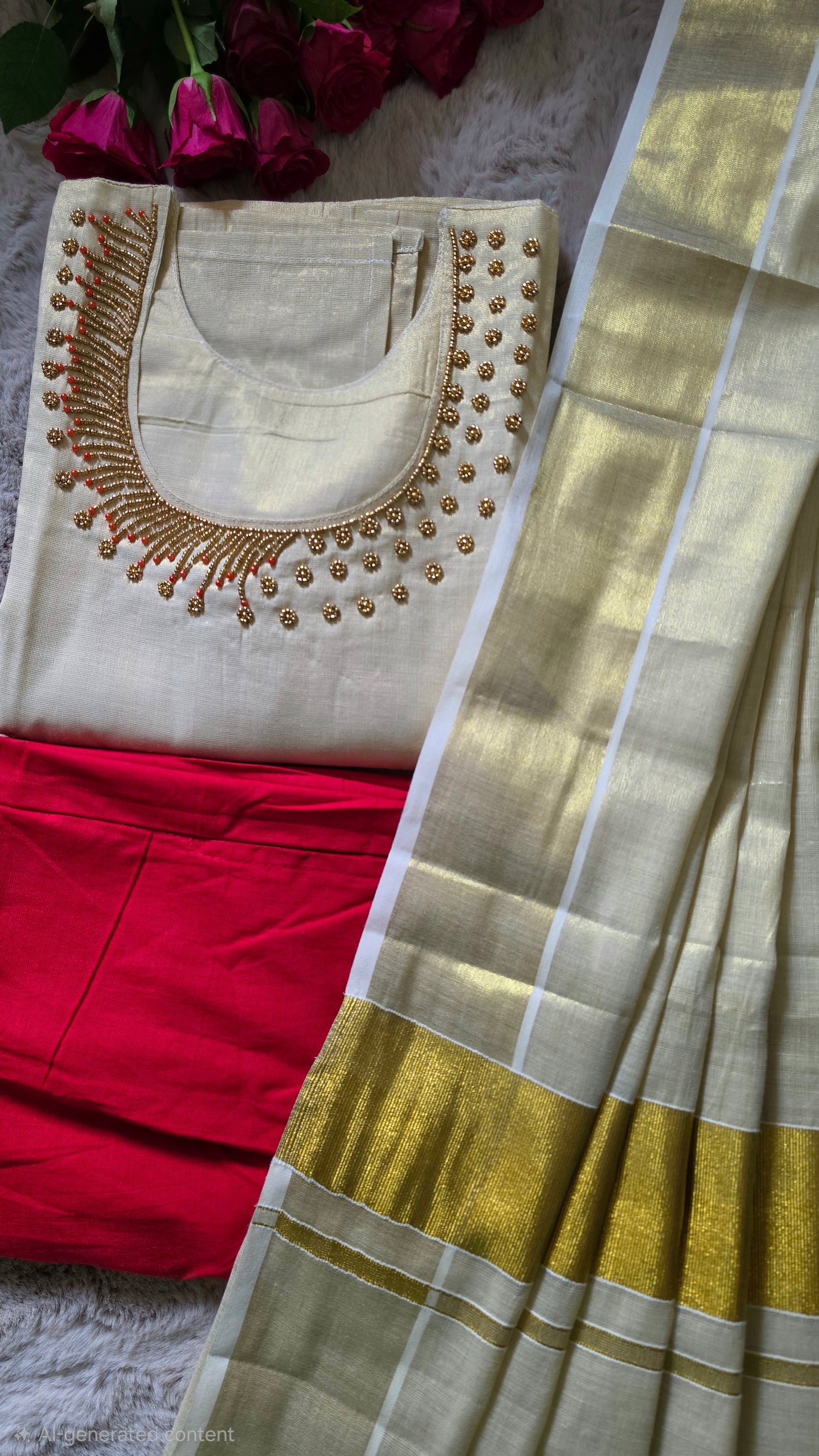 Onam ready to wear hand worked  three piece kurti set  (red)