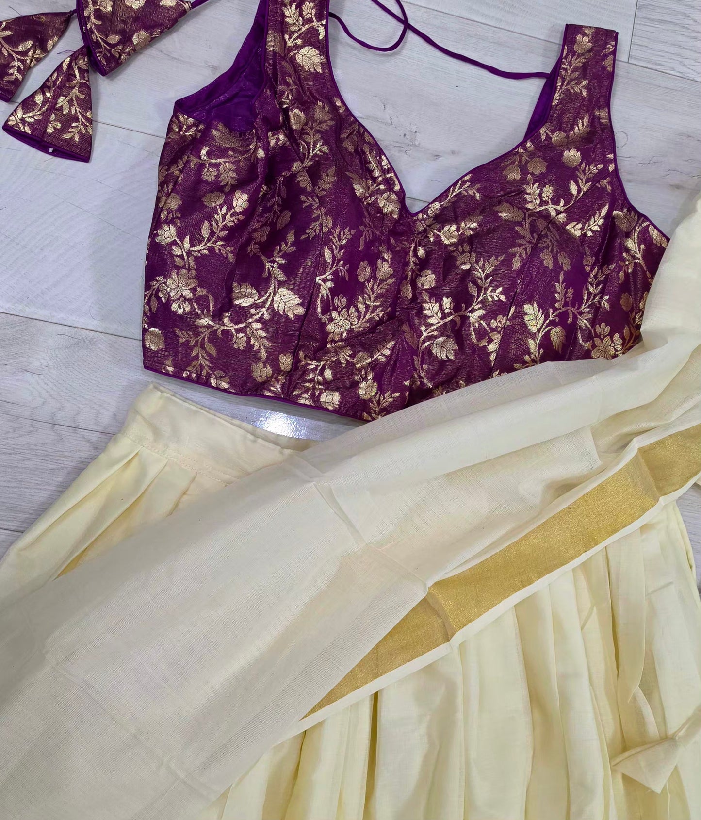 Beautiful cotton dhavani with brocade blouse