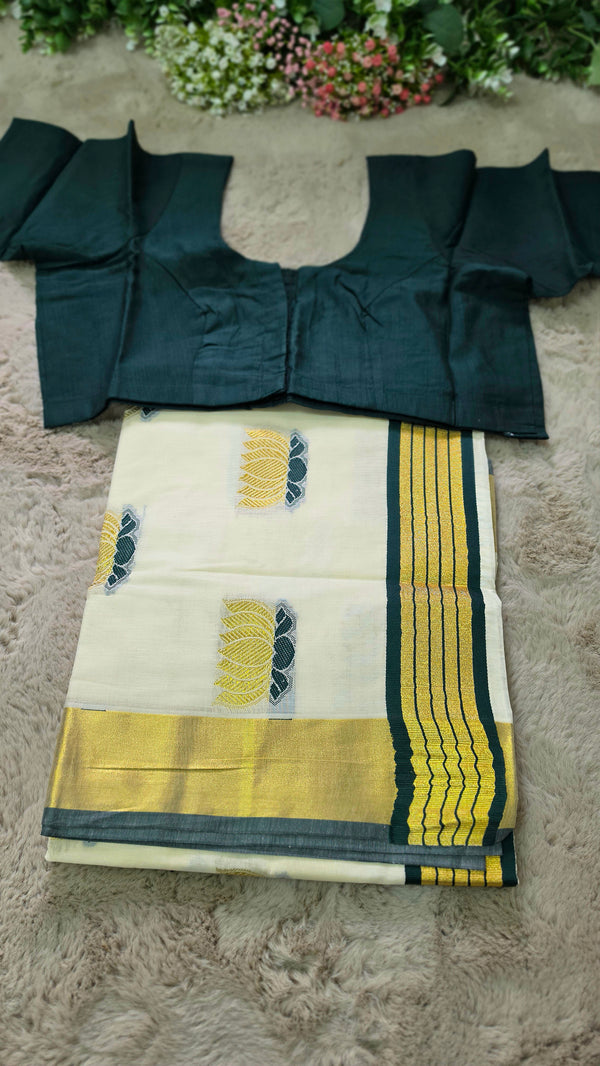 Beautiful Onam set saree with matching ready made blouse 💕 ( green)