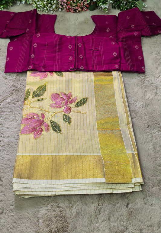Beautiful embroidered  tissue set saree with blouse