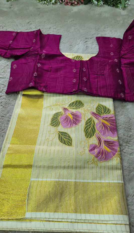 Beautiful embroidered  tissue set saree with blouse