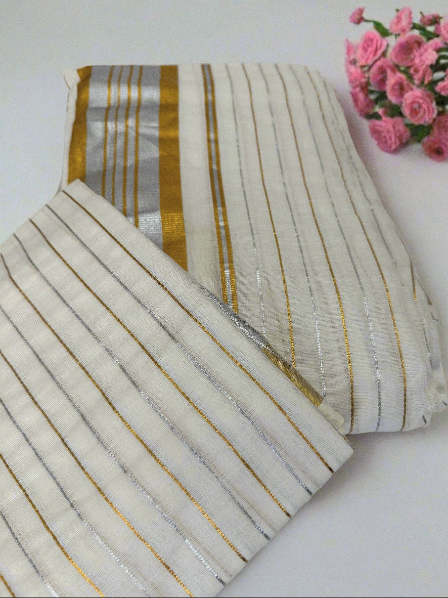 Ready to wear set Saree with Blouse piece (Silver and Gold stripes)