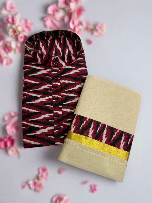Red Tiger Stripes kurta and dhoti set.