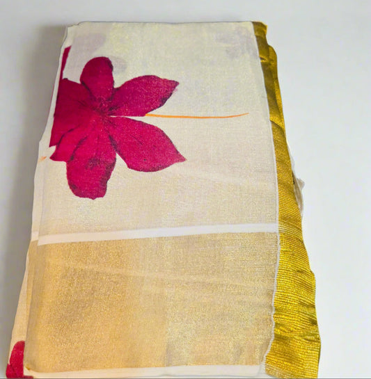 Ready to wear floral Onam Saree with blouse material ^^^