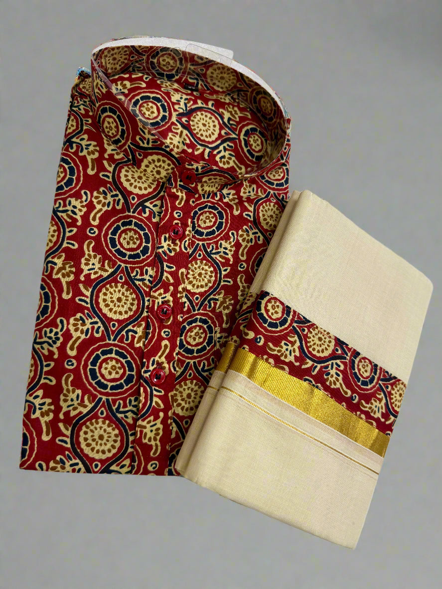 Stylish Red patterned Kurta and Dhoti combo.
