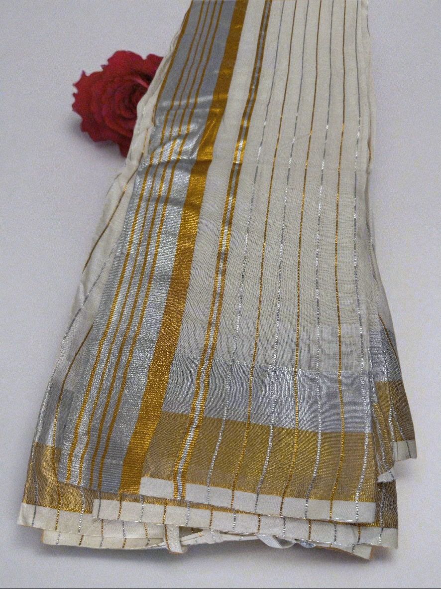 Ready to wear set Saree with Blouse piece (Silver and Gold stripes)