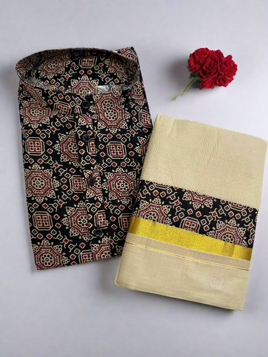 Stylish Black and Red patterned Kurta and Dhoti combo.
