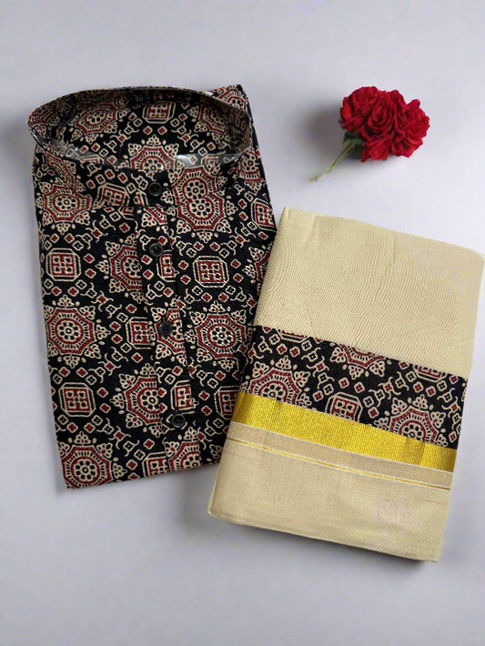 Stylish Black and Red patterned Kurta and Dhoti combo.