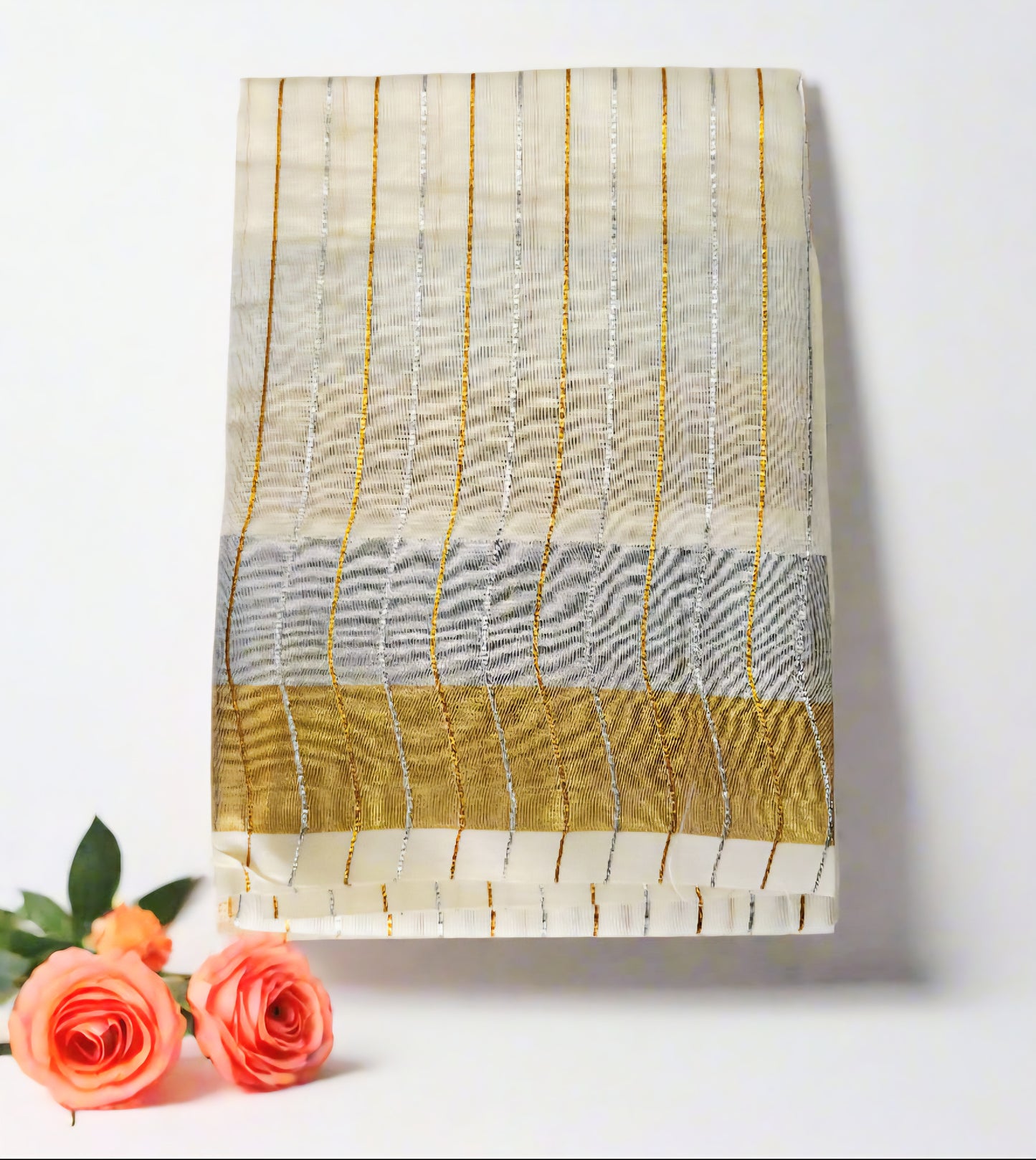 Ready to wear set Saree with Blouse piece (Silver and Gold stripes)