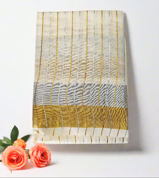 Ready to wear set Saree with Blouse piece (Silver and Gold stripes)
