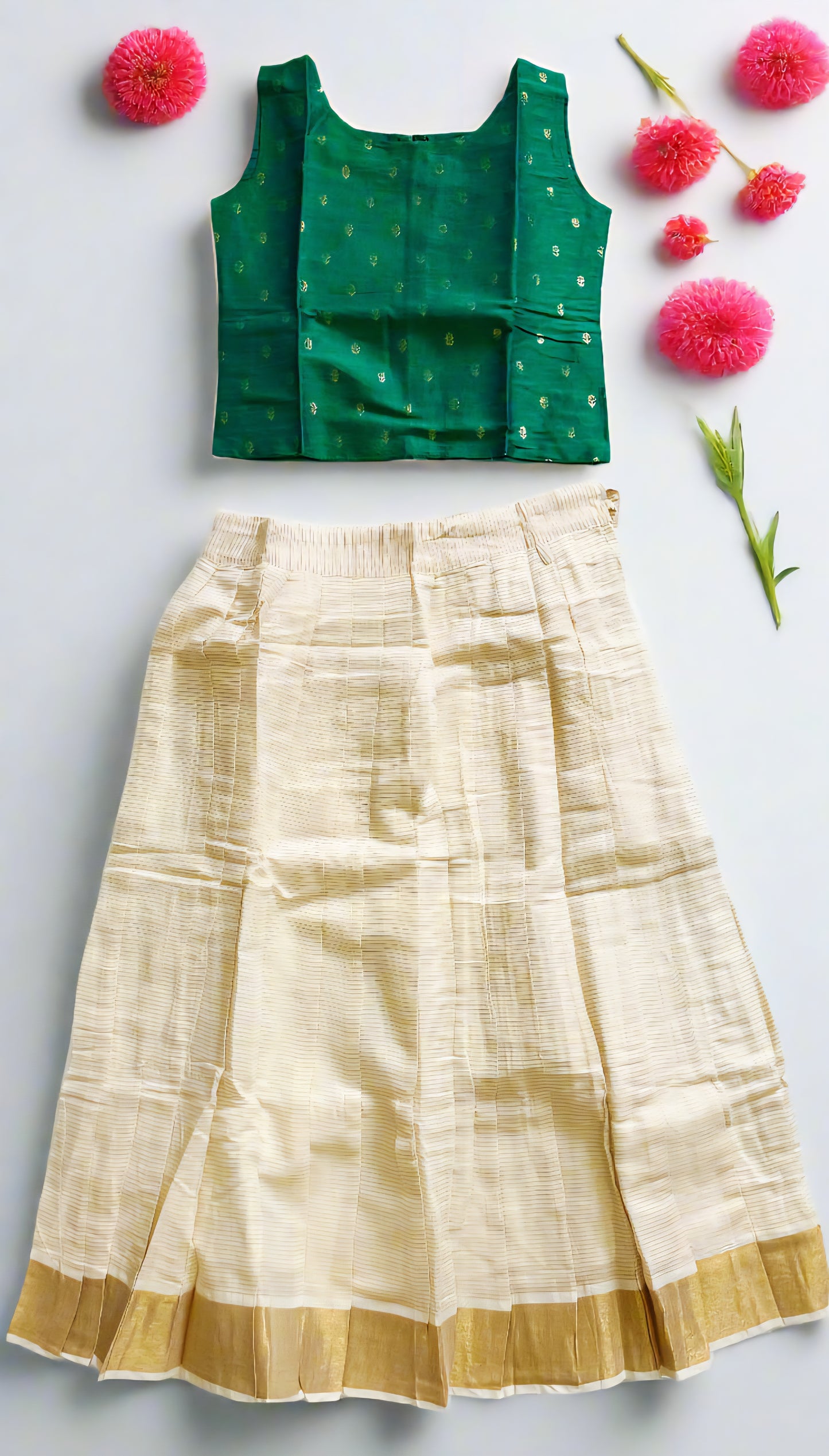 Girls Onam Green blouse and skirt