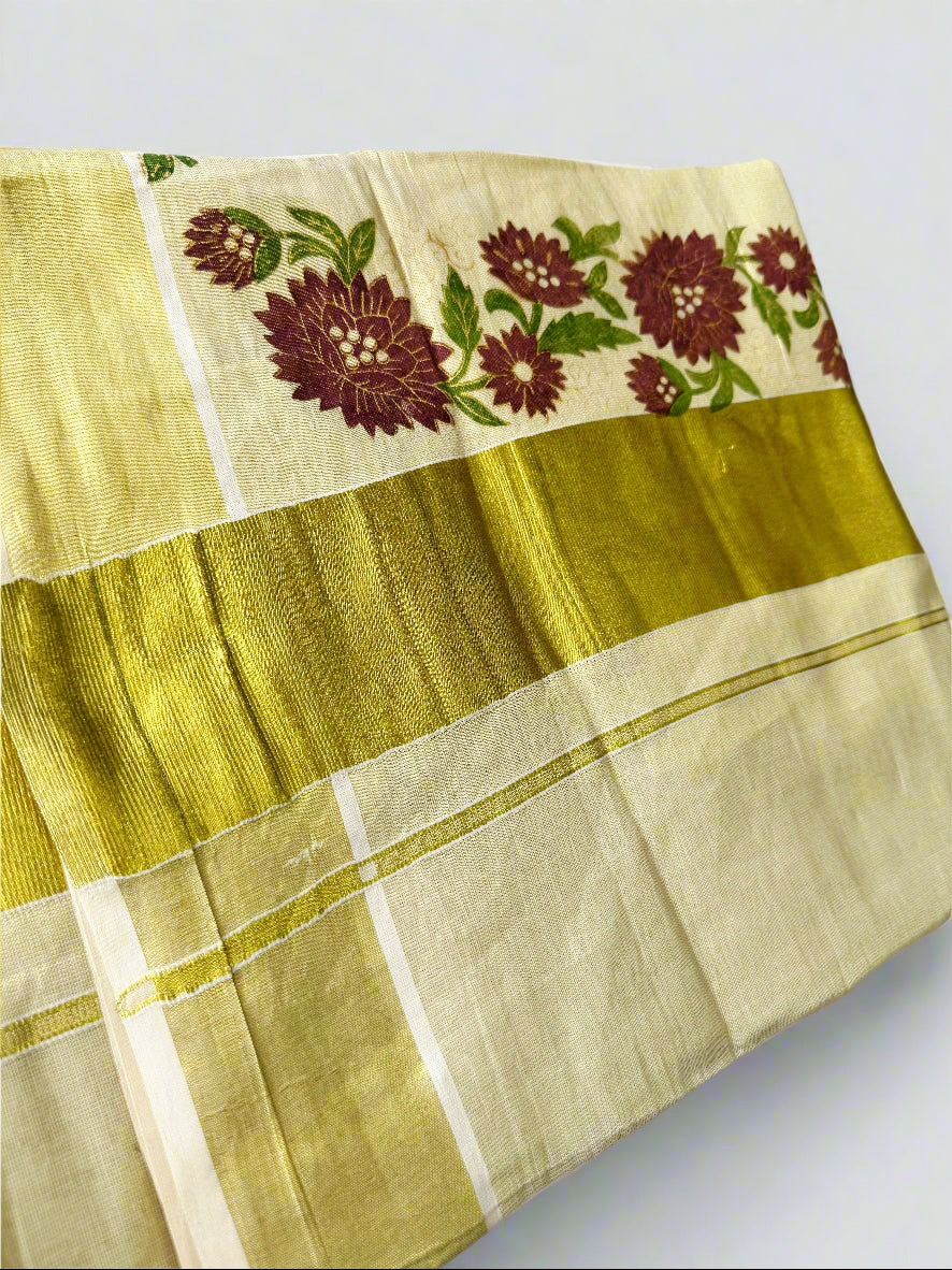 Ready to wear Onam  Floral saree with Readymade blouse.