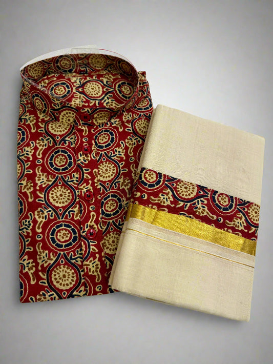 Stylish Red patterned Kurta and Dhoti combo.