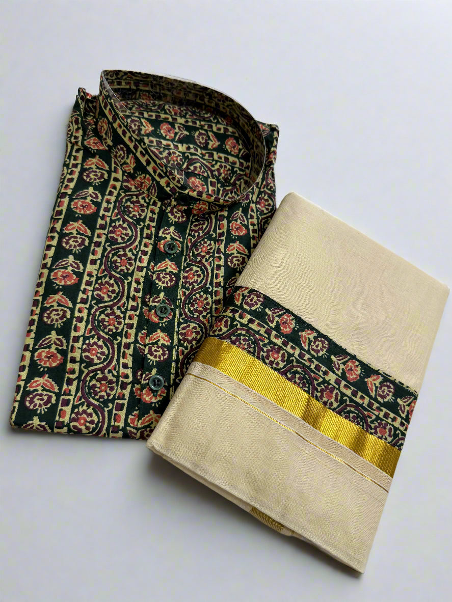 Stylish Green and Purple Patterned Kurta and Dhoti Combo
