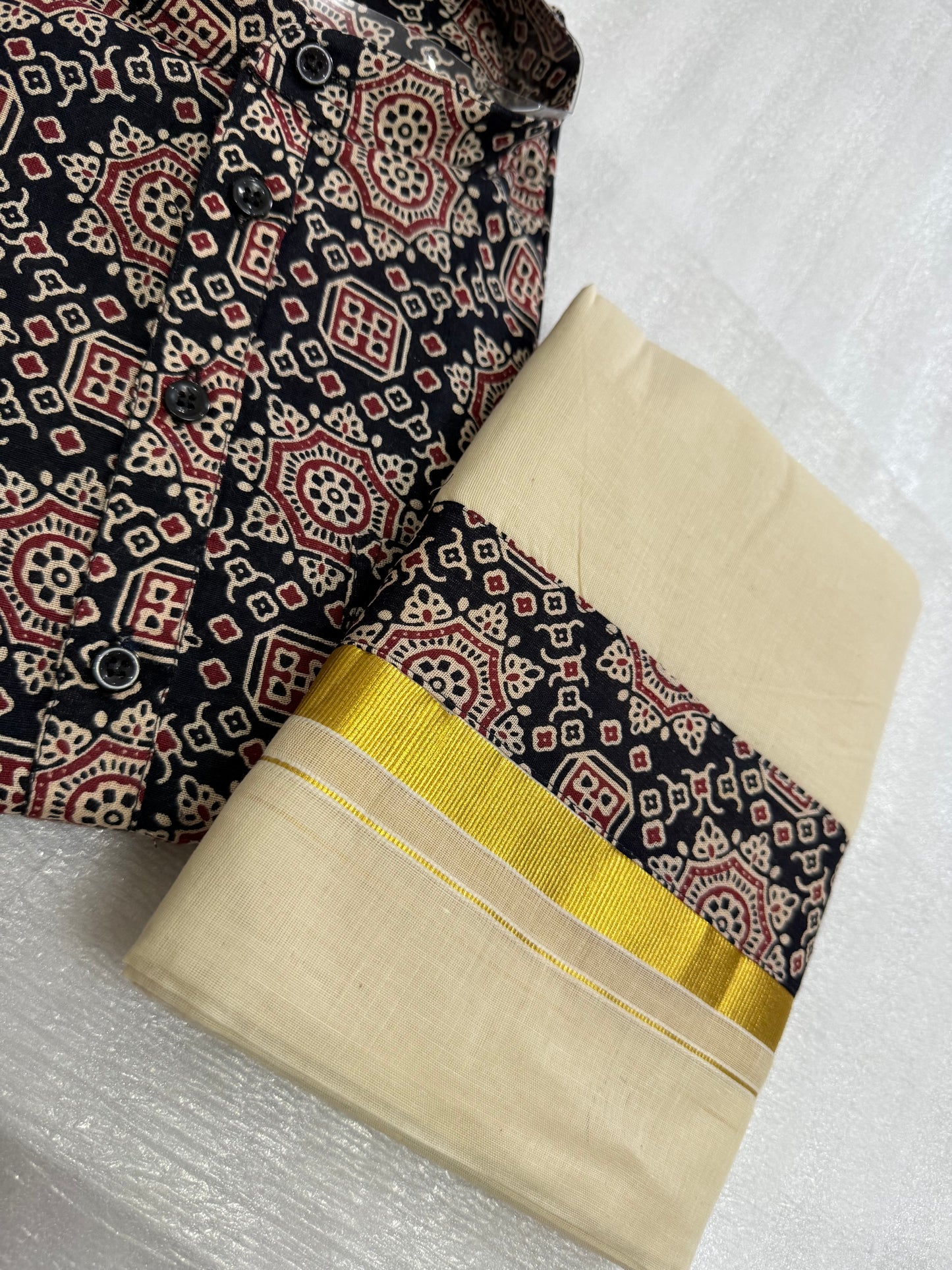 Stylish Black and Red patterned Kurta and Dhoti combo.