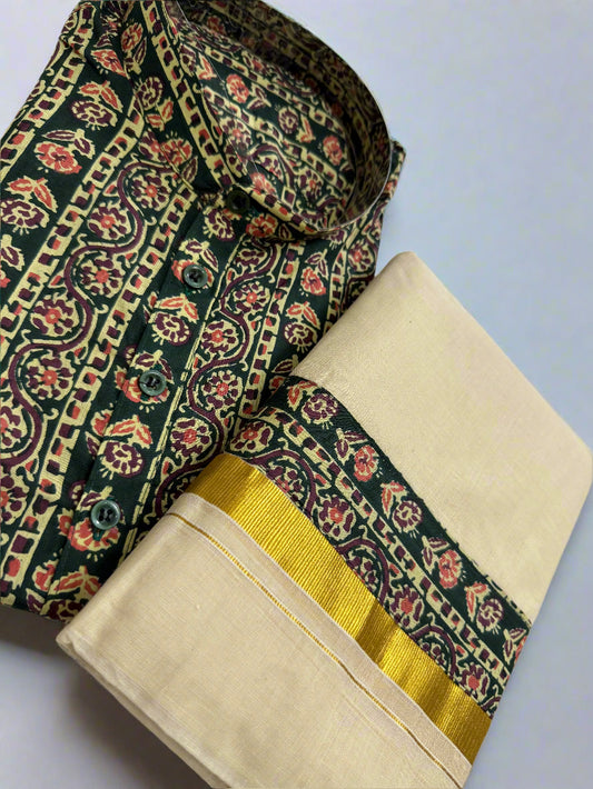 Stylish Green and Purple Patterned Kurta and Dhoti Combo