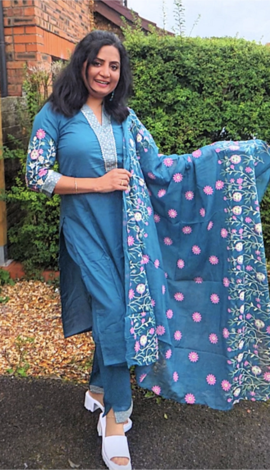 Rayon embroidered three piece suit ( Teal Green )