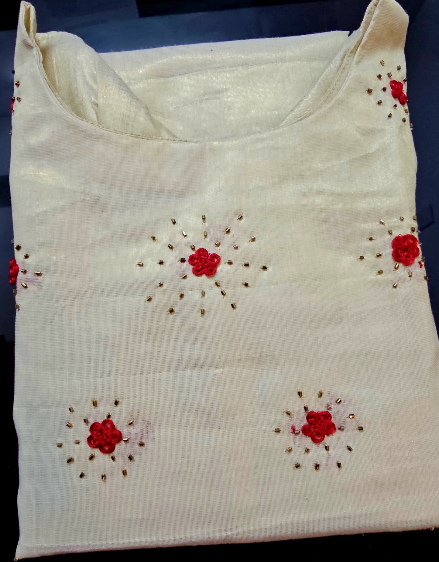 Beautiful hand worked Onam tissue three piece suit