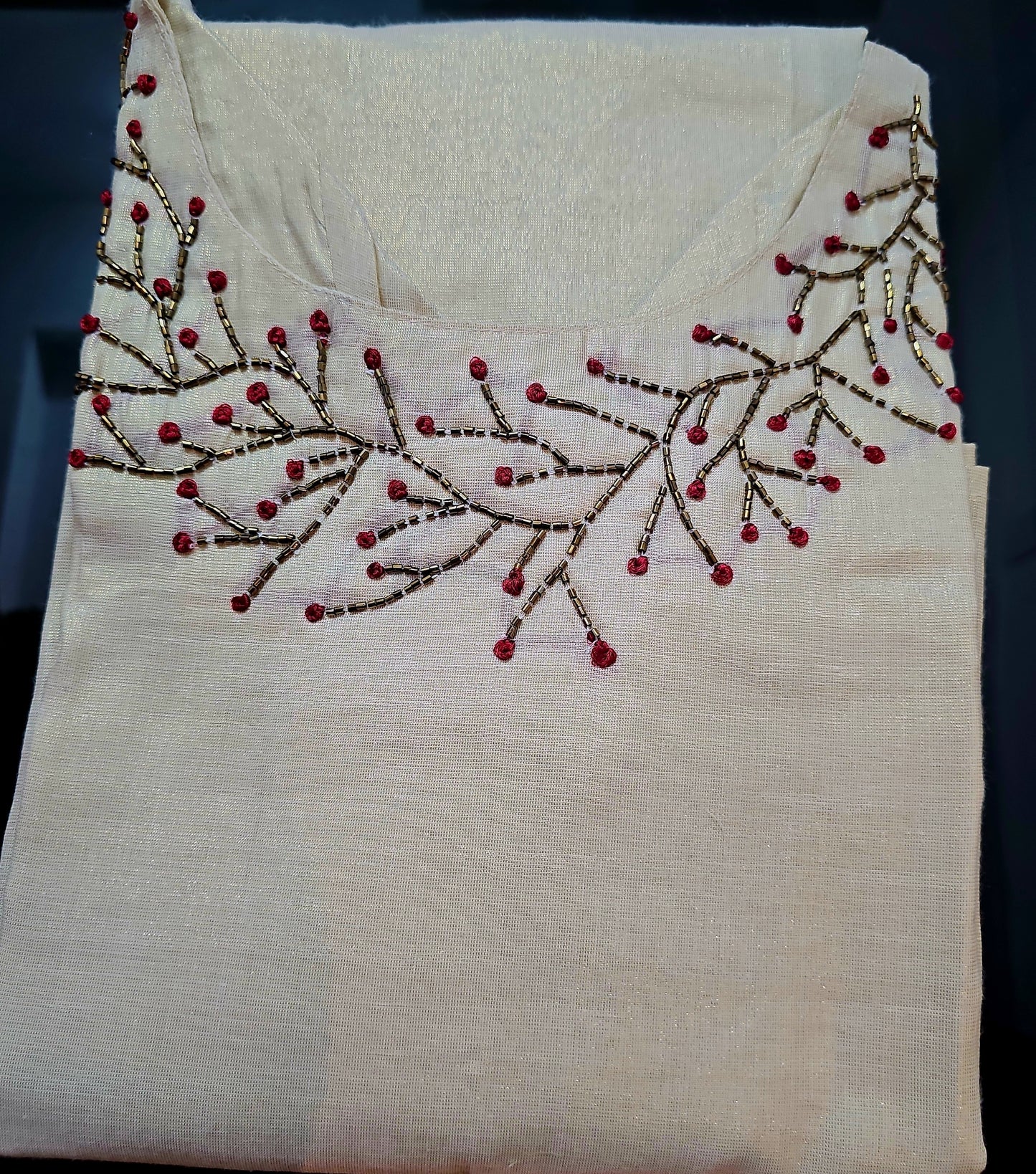 Beautiful hand worked Onam tissue three piece suit