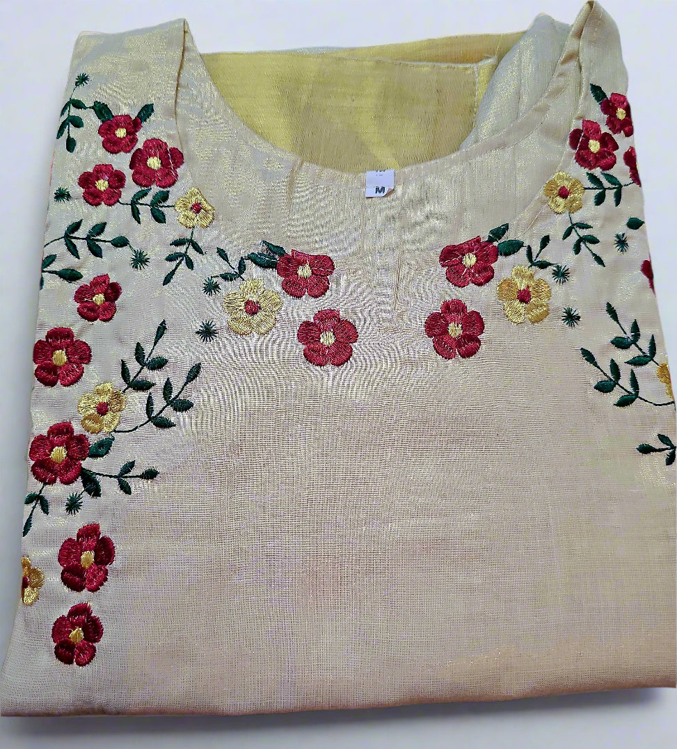 Beautiful embroidered Onam tissue three piece suit