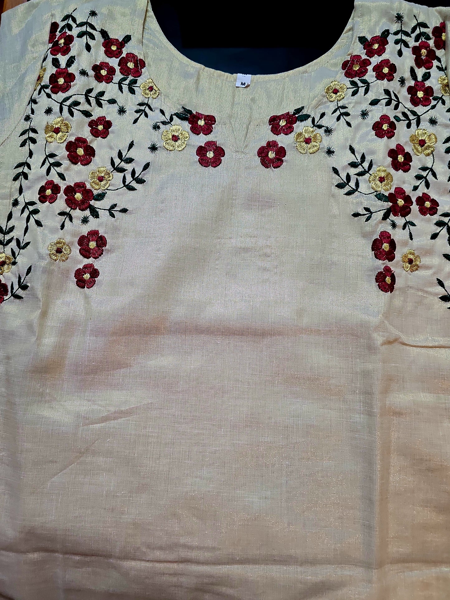 Beautiful embroidered Onam tissue three piece suit