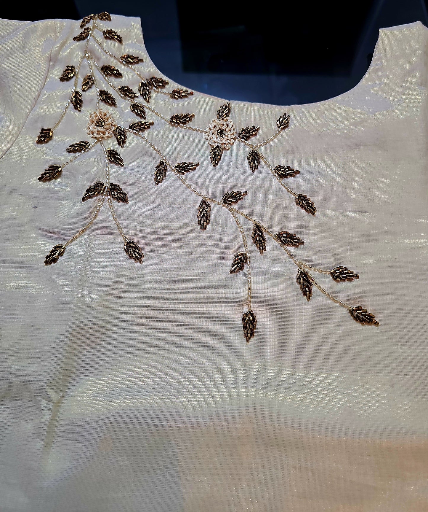 Beautiful hand worked Onam tissue three piece suit