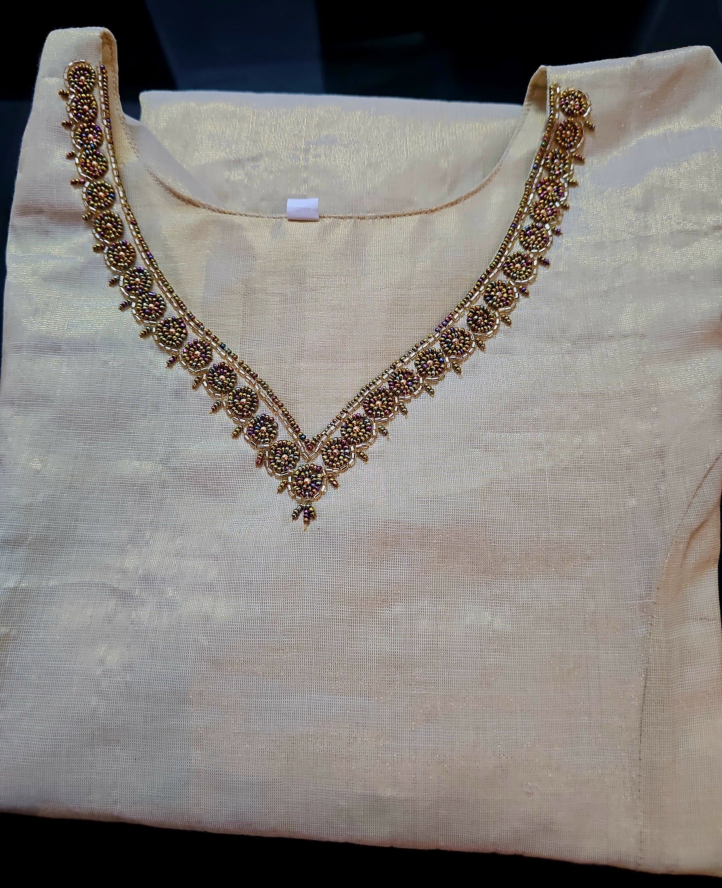 Beautiful hand worked Onam tissue three piece suit