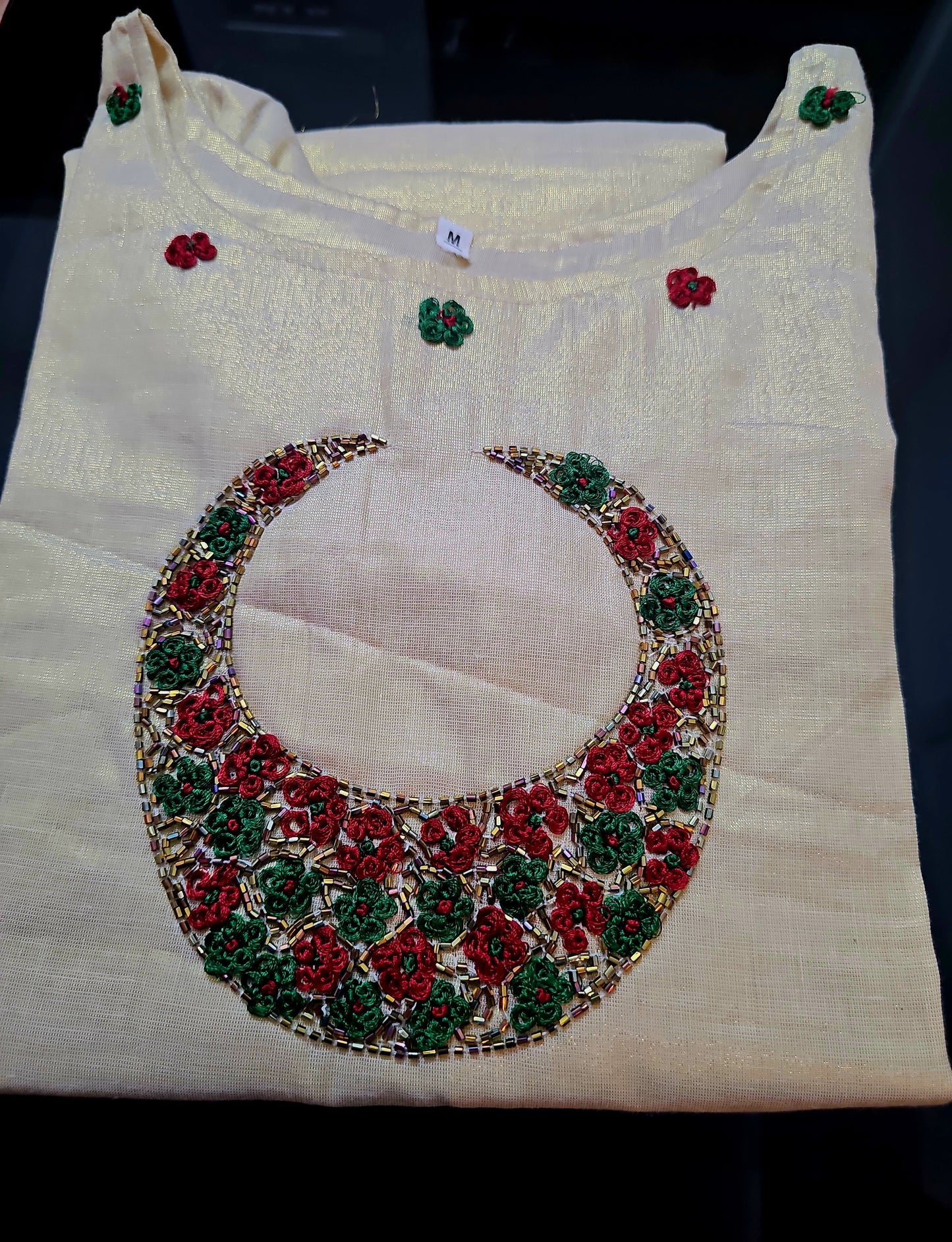 Beautiful hand worked Onam tissue three piece suit