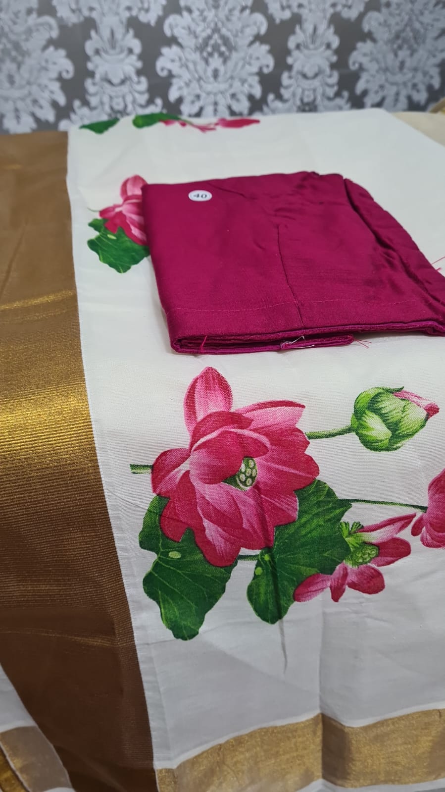 Lotus Onam ready to wear saree with ready to wear blouse*
