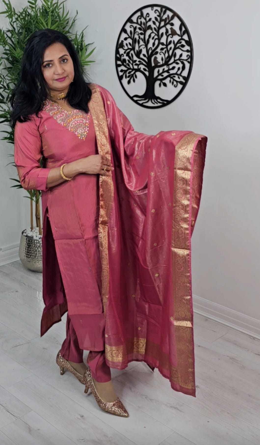 Beautiful silk embroidered three piece suit with banarasi dupatta