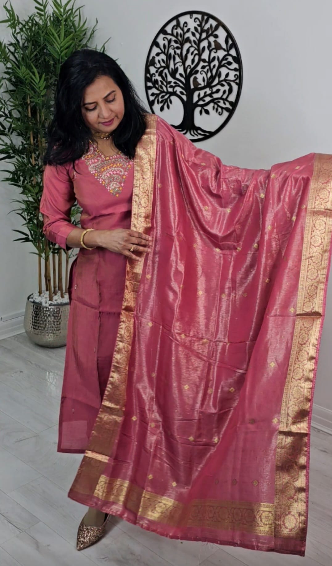 Beautiful silk embroidered three piece suit with banarasi dupatta