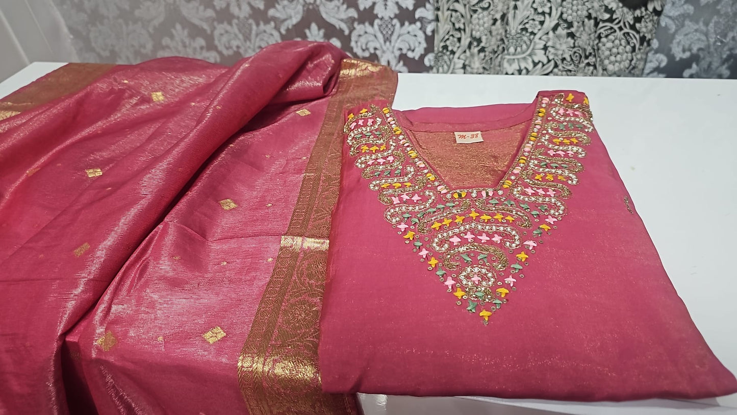 Beautiful silk embroidered three piece suit with banarasi dupatta