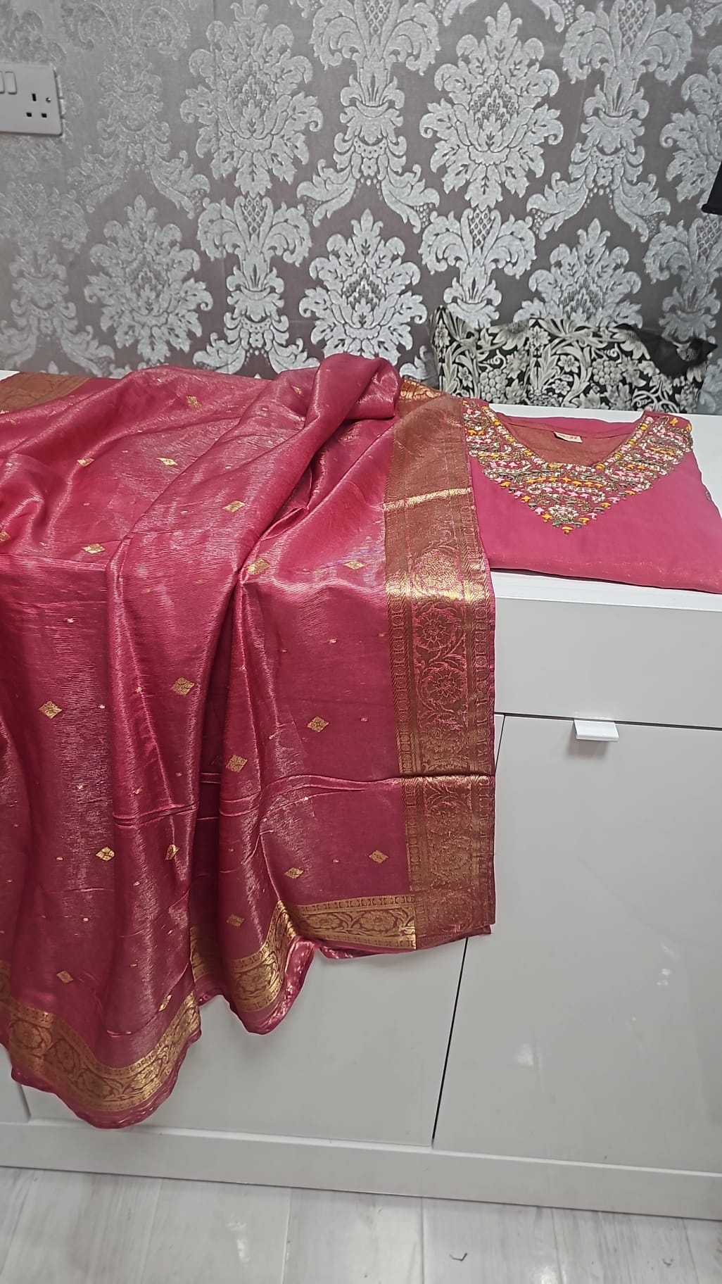 Beautiful silk embroidered three piece suit with banarasi dupatta