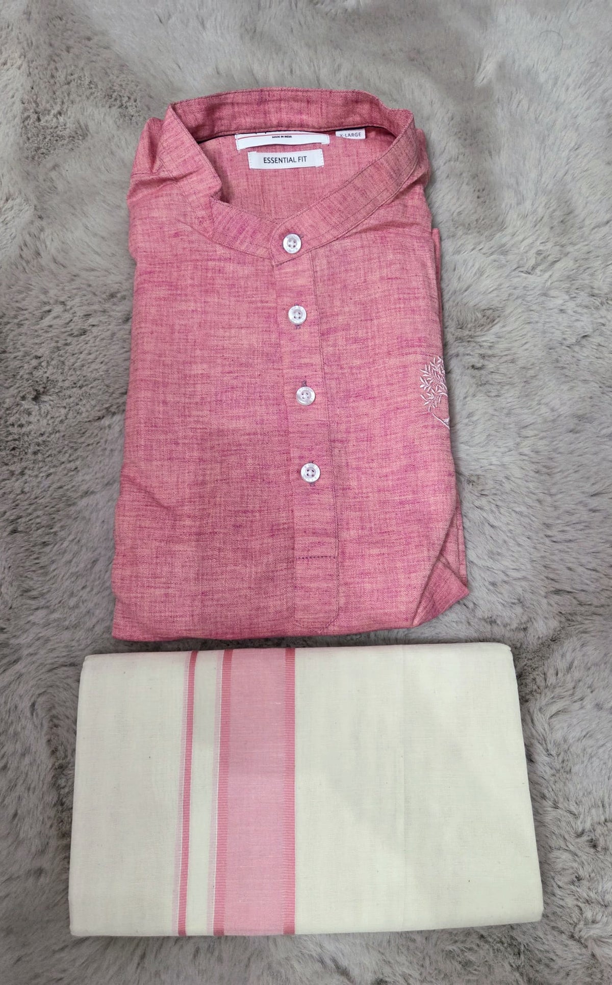 Men's Kerala Cotton kurtha with mundu - pink