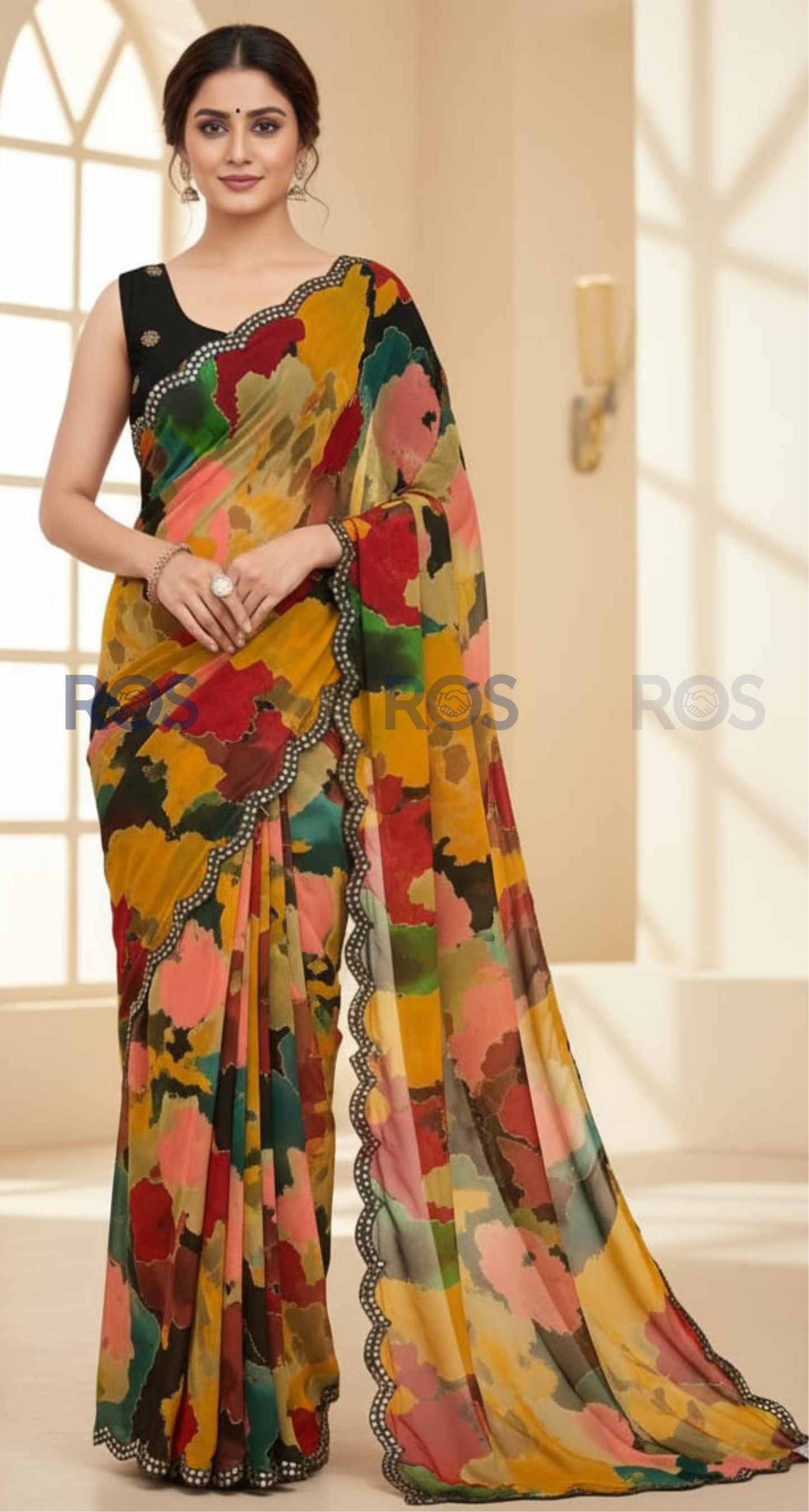 Soft chiffon saree featuring delicate scalloped edges.