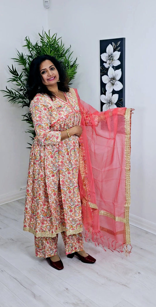 Jaipuri cotton three piece suit with semi Palazo bottom