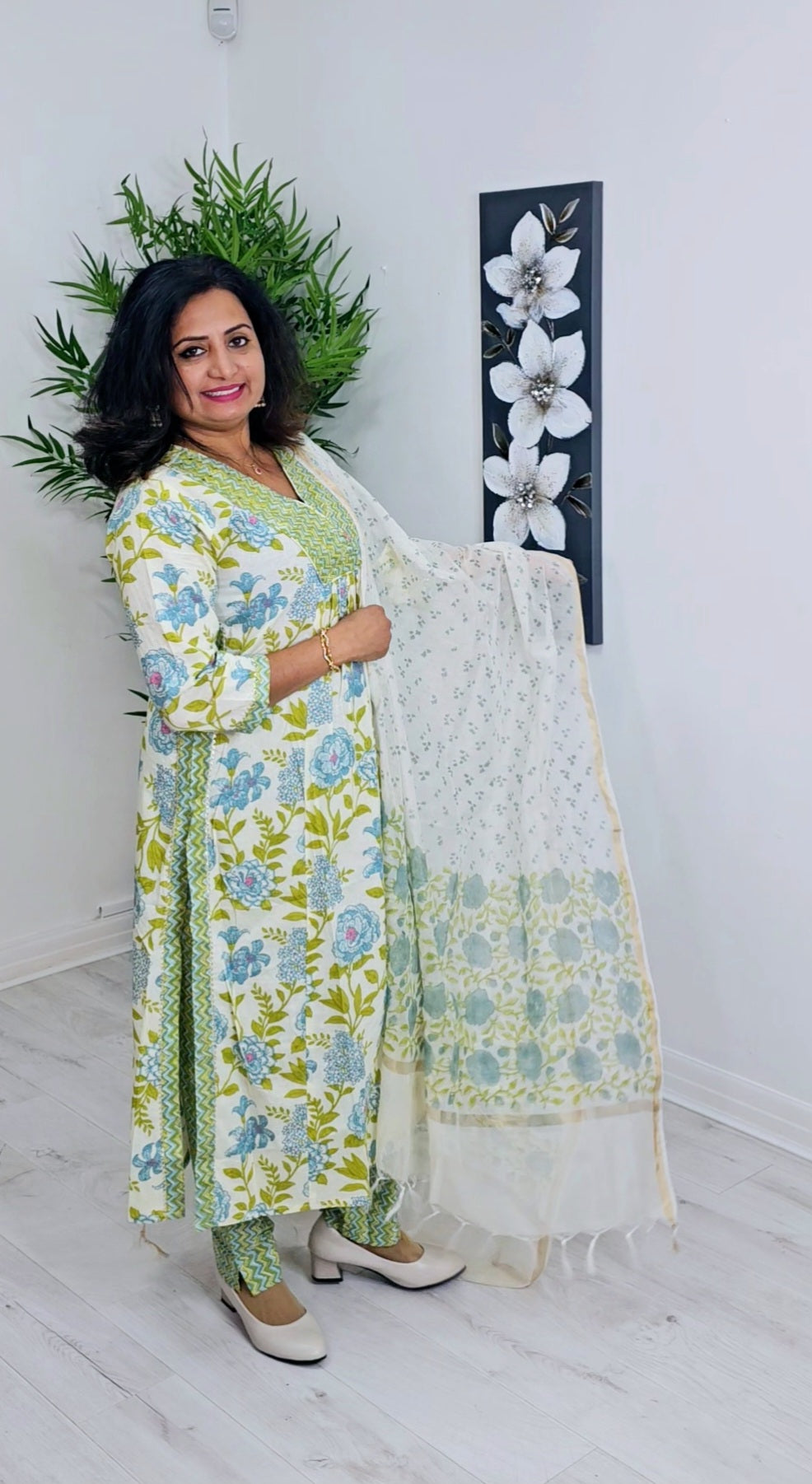 Beautiful pure cotton floral  three piece suit with semi Palazo bottom