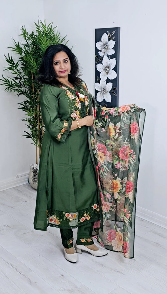 Heavy embroidered silk three piece suit with floral organza dupatta