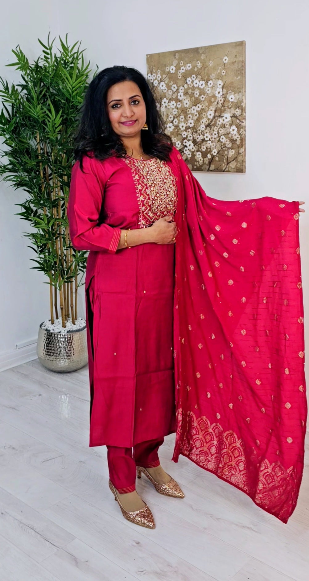 Silk hand worked suit with Banarasi dupatta