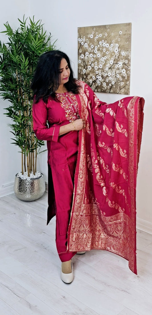 Silk hand worked  suit with Banarasi dupatta
