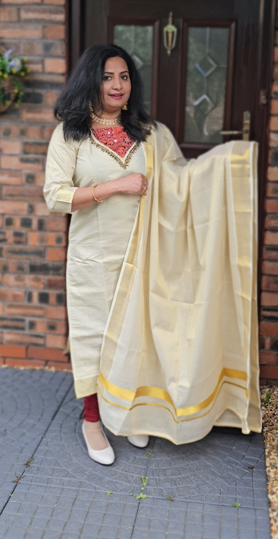 Beautiful Hand worked Onam three piece suit