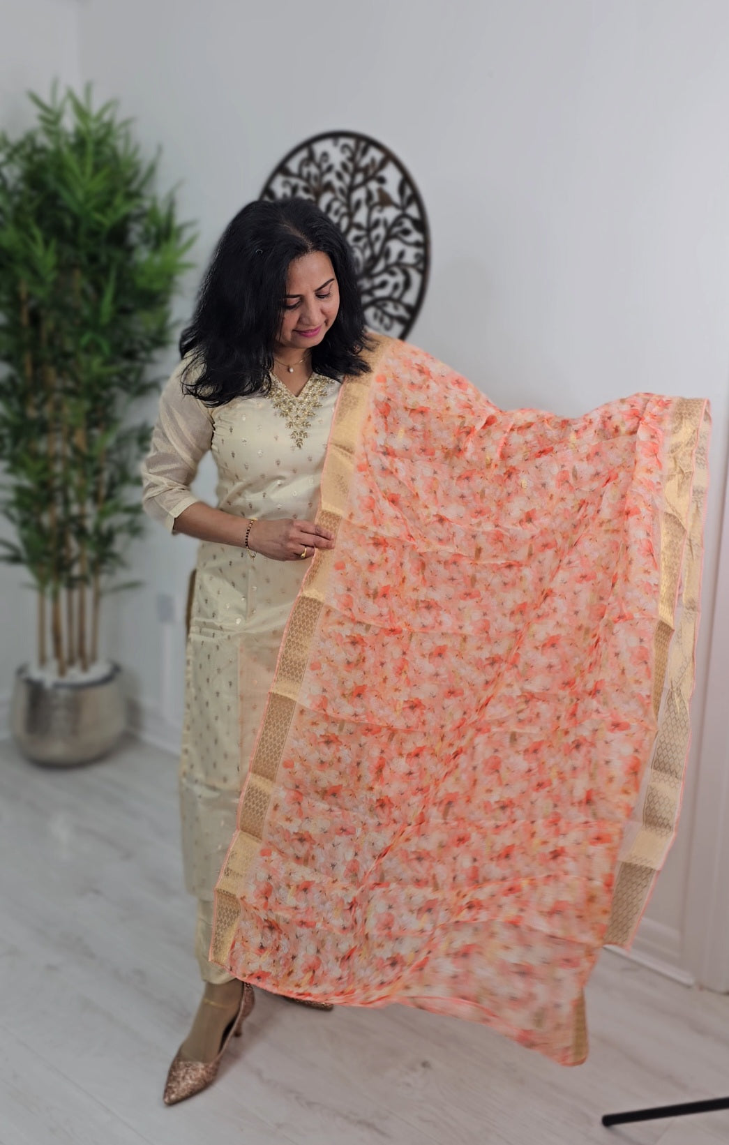 Soft semi tissue silk three piece with organza dupatta