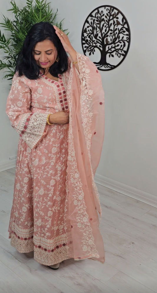 Fully embroidered glass cotta anarkali three piece suit with organza dupatta 💕*