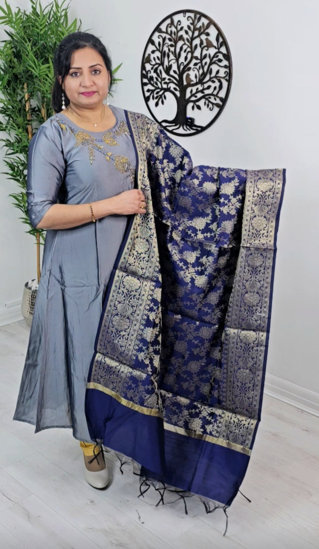 Semi silk A-line three piece suit with banarasi dupatta